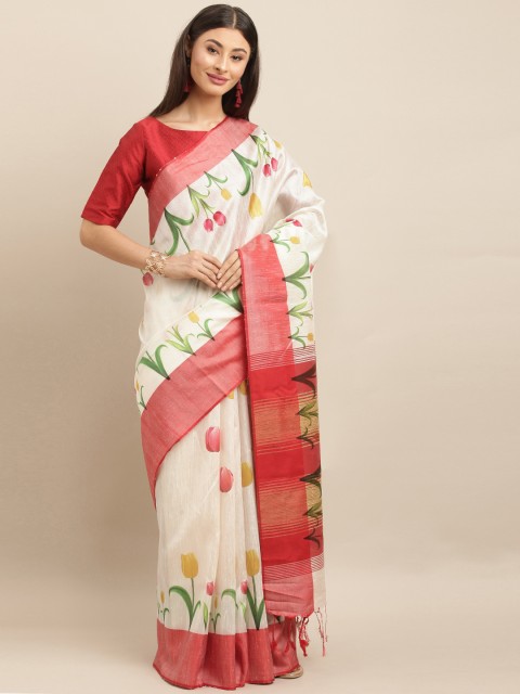 

VASTRANAND White & Red Silk Blend Printed Bhagalpuri Saree