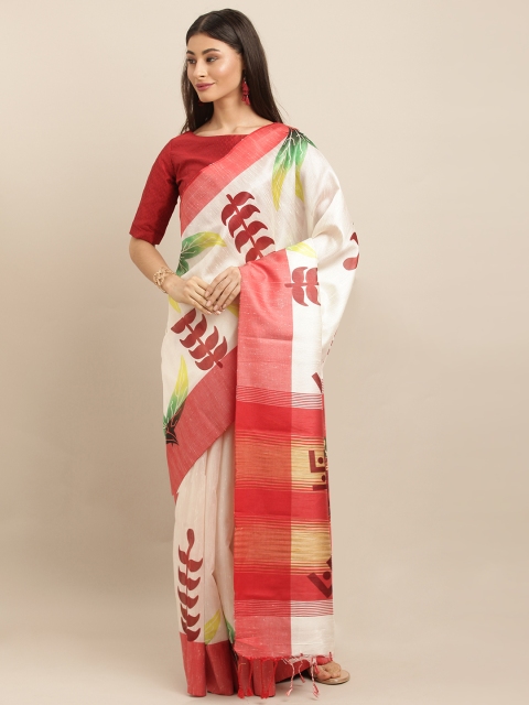 

VASTRANAND White & Red Silk Blend Printed Bhagalpuri Saree