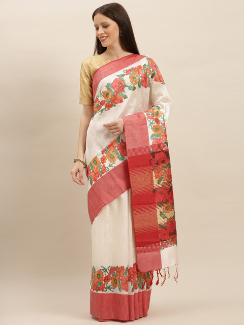 

VASTRANAND White & Red Silk Blend Floral Printed Saree