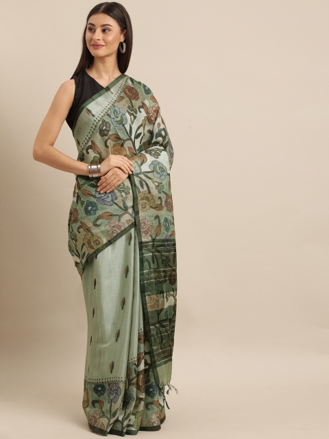 

VASTRANAND Green & Black Linen Blend Digital kalamkari Printed Saree