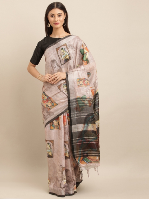 

VASTRANAND Pink & Black Linen Blend Printed Ikat Saree