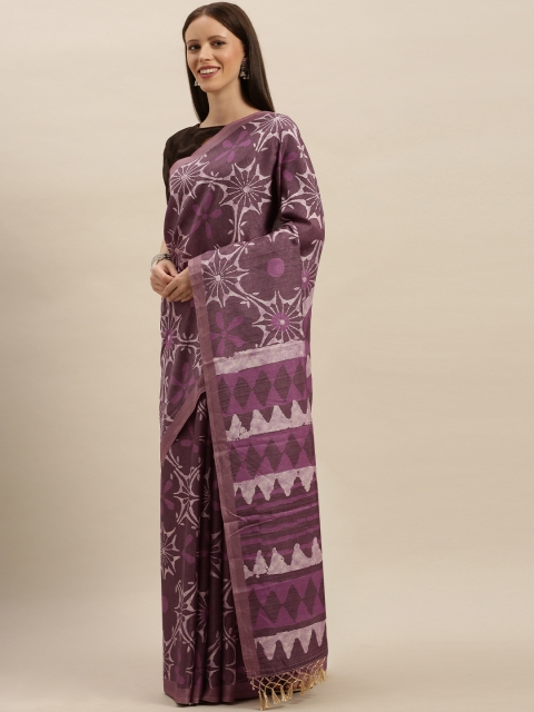 

VASTRANAND Burgundy & Purple Linen Blend Printed Bagru Saree
