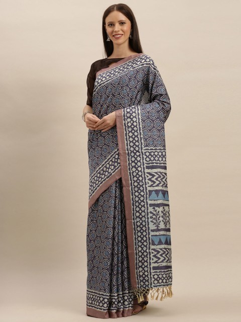 

VASTRANAND Violet & Off-White Linen Blend Printed Bagru Saree