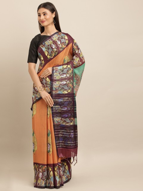 

VASTRANAND Orange & Yellow Linen Blend Printed Ikat Saree