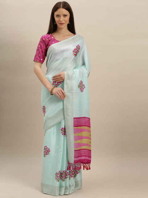 

VASTRANAND Sea Green & Pink Jute Silk Printed Khadi Saree