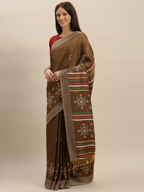 

VASTRANAND Coffee Brown Jute Silk Ethnic Printed Khadi Saree