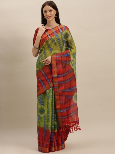 

VASTRANAND Green & Red Silk Blend Dyed Saree