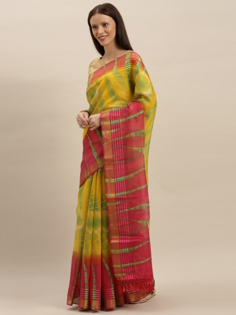 

VASTRANAND Yellow & Pink Silk Blend Printed Bandhani Saree