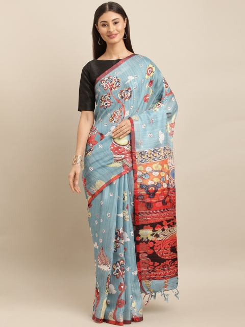 

VASTRANAND Blue & Red Linen Blend Printed Ikat Saree
