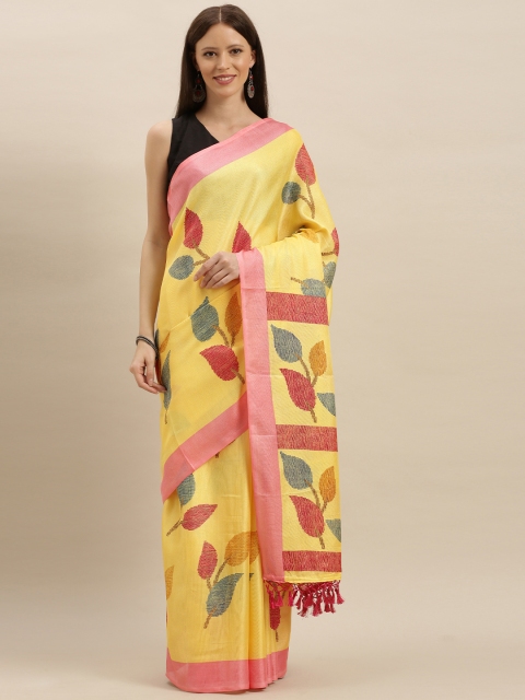 

VASTRANAND Yellow & Pink Jute Silk Printed Saree