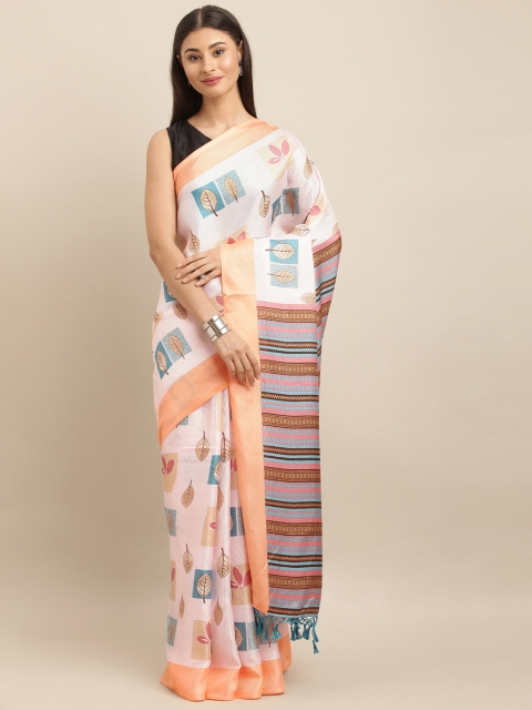 

VASTRANAND Off-White & Peach-Coloured Jute Silk Printed Saree