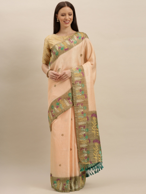 

VASTRANAND Peach-Coloured & Brown Jute Silk Printed Paithani Saree