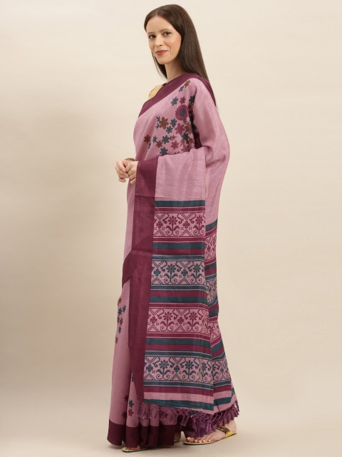 

VASTRANAND Pink & Burgundy Silk Blend Floral Printed Saree
