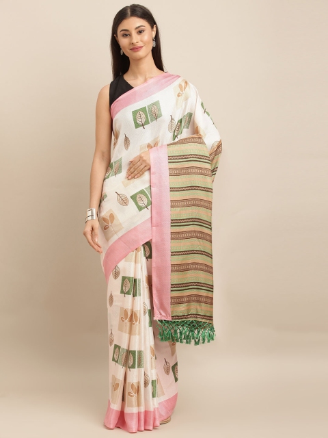 

VASTRANAND Off-White & Pink Jute Silk Printed Saree