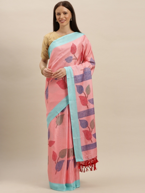 

VASTRANAND Pink & Blue Jute Silk Printed Saree