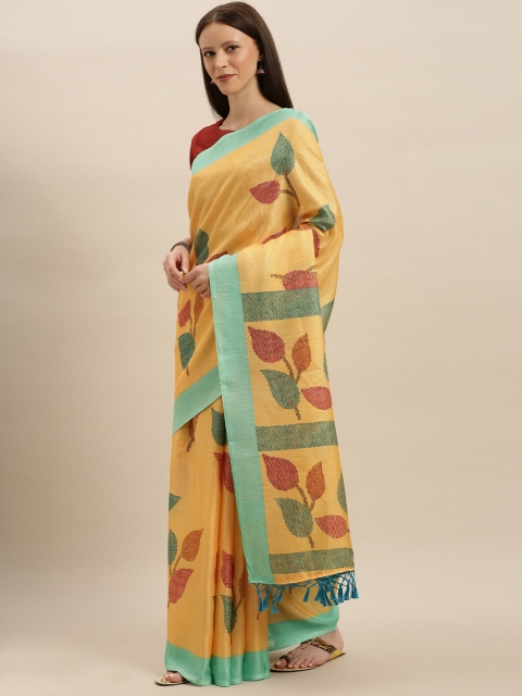 

VASTRANAND Mustard Yellow & Green Jute Silk Printed Saree