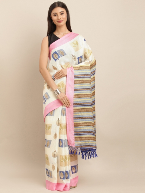 

VASTRANAND Off-White & Pink Jute Silk Printed Saree