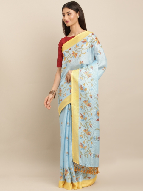 

VASTRANAND Blue & Pink Jute Silk Printed Jamdani Saree