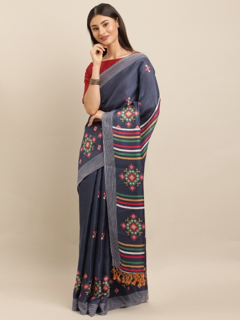 

VASTRANAND Navy Blue Jute Silk Printed Khadi Saree