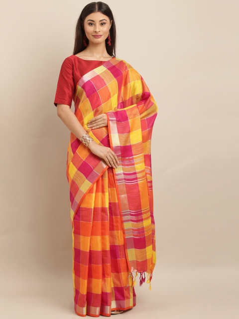 

VASTRANAND Yellow & Pink Linen Blend Checked Saree