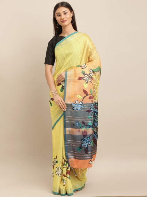 

VASTRANAND Yellow & Teal Blue Linen Blend Digital kalamkari Printed Saree