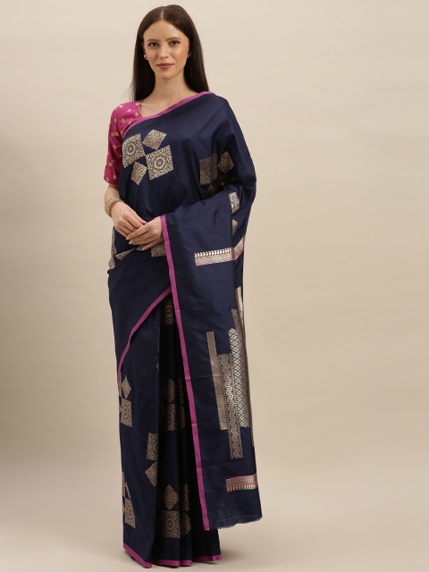 

VASTRANAND Navy Blue & Gold-Toned Silk Blend Woven Design Kanjeevaram Saree