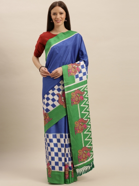 

VASTRANAND Blue & Green Linen Blend Printed Ikat Saree