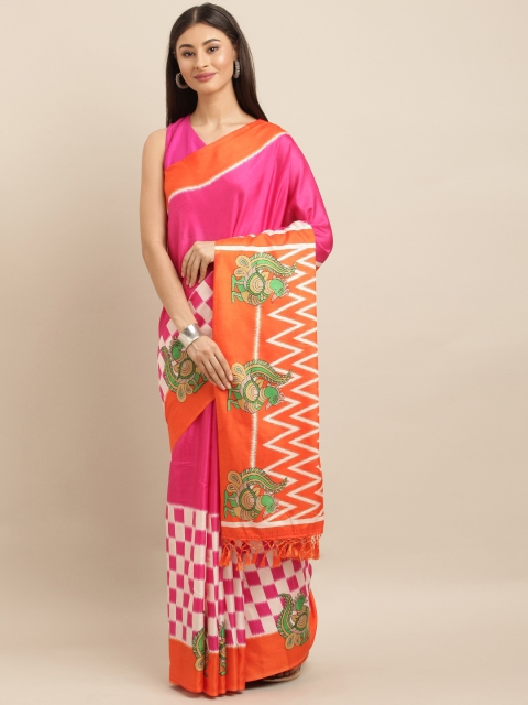 

VASTRANAND Pink & Orange Linen Blend Printed Ikat Saree