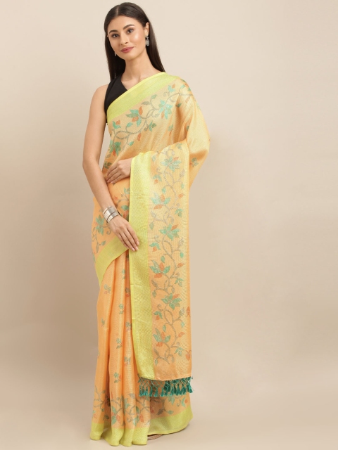 

VASTRANAND Orange & Lime Green Jute Silk Jamdani Printed Saree