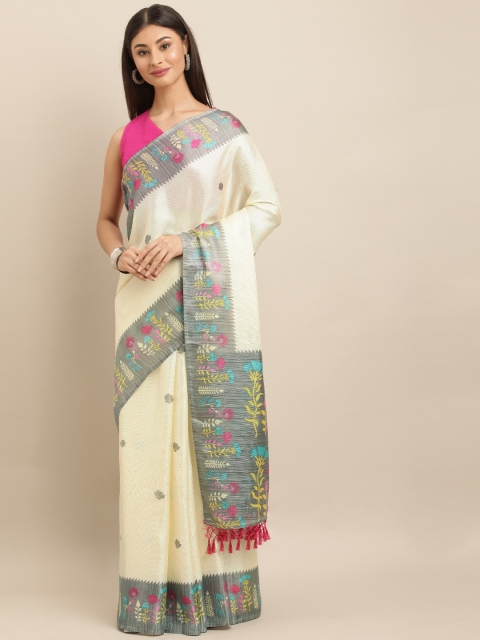 

VASTRANAND Yellow & Grey Jute Silk Printed Paithani Saree