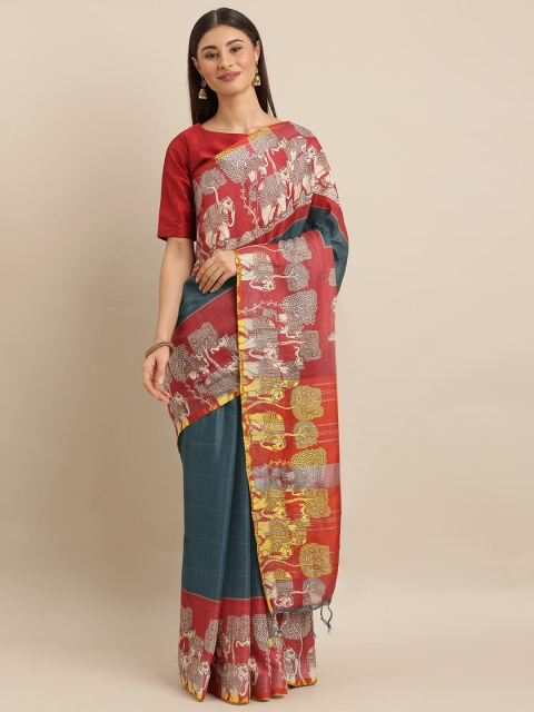 

VASTRANAND Teal Blue & Red Linen Blend Digital kalamkari Printed Saree