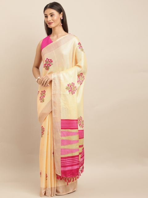 

VASTRANAND Peach-Coloured & Pink Jute Silk Printed Khadi Saree