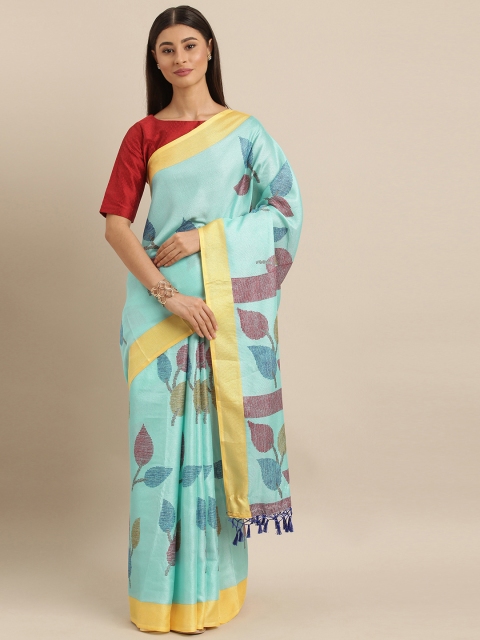 

VASTRANAND Turquoise Blue & Yellow Jute Silk Printed Saree