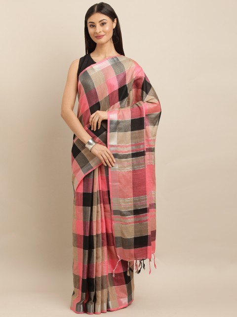 

VASTRANAND Coral Pink & Coffee Brown Linen Blend Checked Saree
