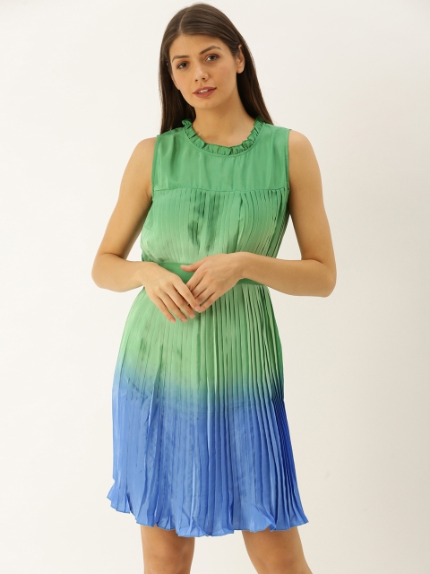 

Antheaa Women Green & Blue Dyed Accordion Pleated A-Line Dress