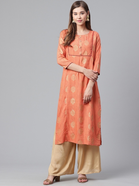 

Anubhutee Women Orange & Golden Printed Straight Kurta