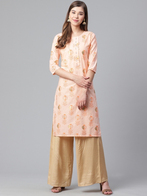 

Anubhutee Women Peach-Coloured & Golden Printed Straight Kurta