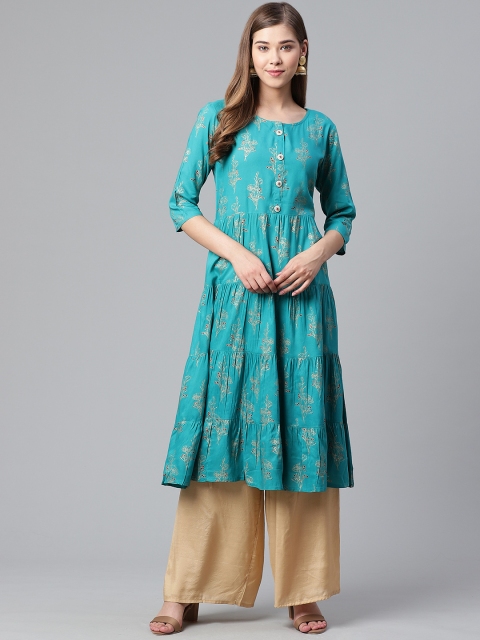 

Anubhutee Women Turquoise Blue & Golden Printed Tiered A-Line Kurta
