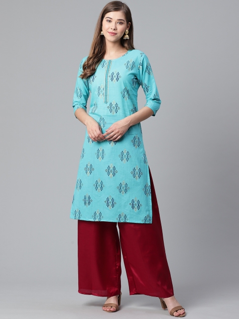 

Anubhutee Women Blue & Golden Printed Straight Kurta