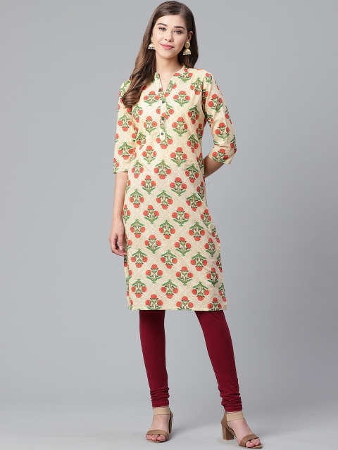 

Anubhutee Women Beige & Green Floral Print Straight Kurta