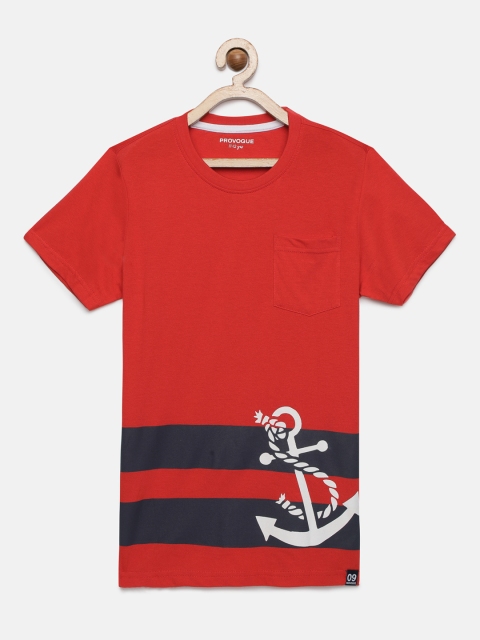 

Provogue Boys Red Printed Round Neck Pure Cotton T-shirt