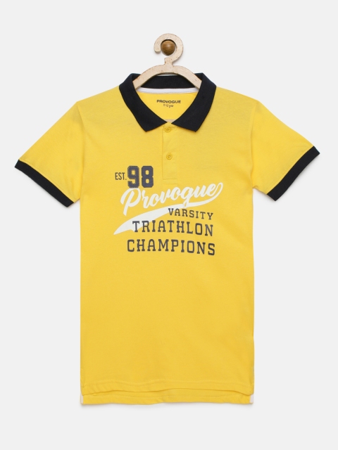 

Provogue Boys Yellow Printed Polo Collar Pure Cotton T-shirt
