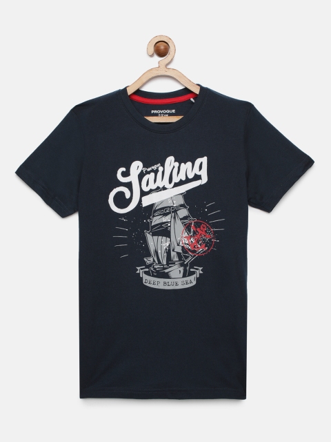 

Provogue Boys Navy Blue Printed Round Neck Pure Cotton T-shirt
