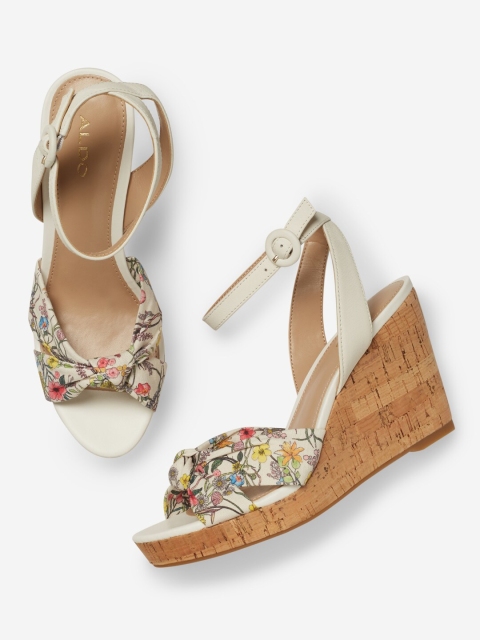 

ALDO Women Off-White & Brown Printed Wedges