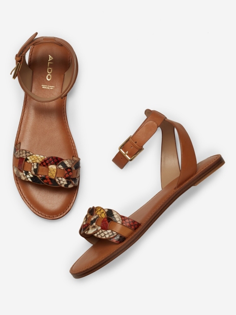 

ALDO Women Brown Printed Leather Open Toe Flats