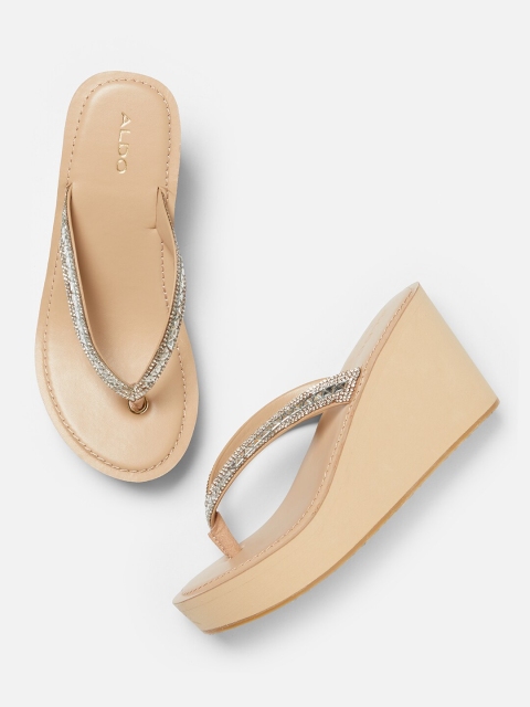 

ALDO Women Beige & Silver-Toned Embellished Wedges