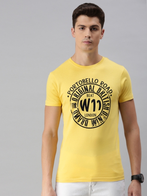 

BEAT LONDON by PEPE JEANS Men Yellow Printed Slim Fit Round Neck Pure Cotton T-shirt