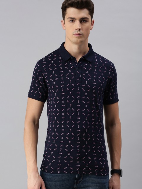 

BEAT LONDON by PEPE JEANS Men Navy Blue Pink Printed Polo Collar Pure Cotton T-shirt