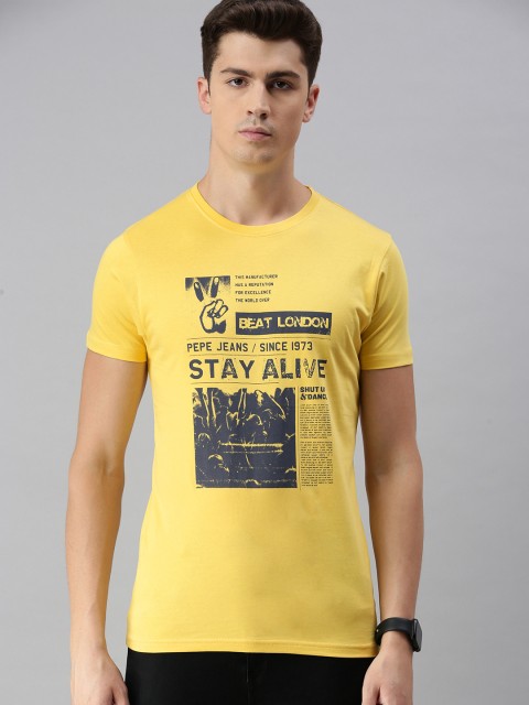 

BEAT LONDON by PEPE JEANS Men Yellow Printed Slim Fit Round Neck Pure Cotton T-shirt