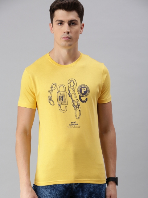 

BEAT LONDON by PEPE JEANS Men Yellow Printed Slim Fit Round Neck Pure Cotton T-shirt